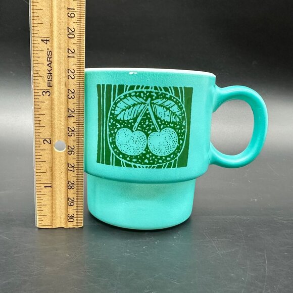Vintage Milk Glass Mugs Hazel Atlas Teal Green Stacking Fruit Cherry Pear Apple - Picture 12 of 12